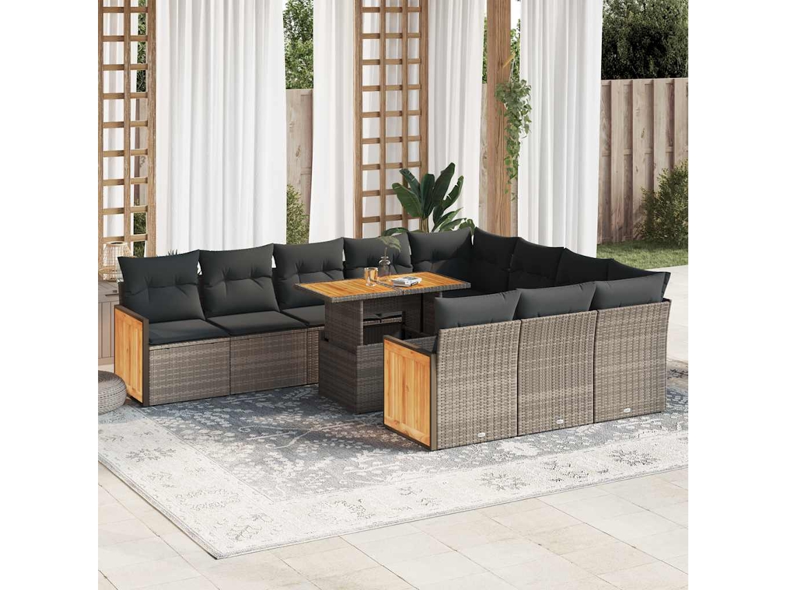 Vidaxl 11 Pcs Conjunto Sofás De Jardim C/ Almofadões Vime Pe/acácia