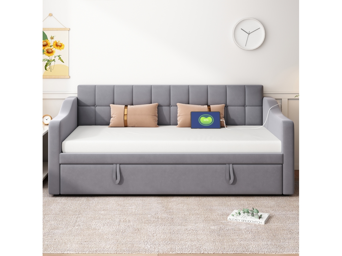 Sofá Cama 2 Em 1 90/180 Cm Cama Multifuncional Com Tomada E Arrumação Integrada Cinza Estilo