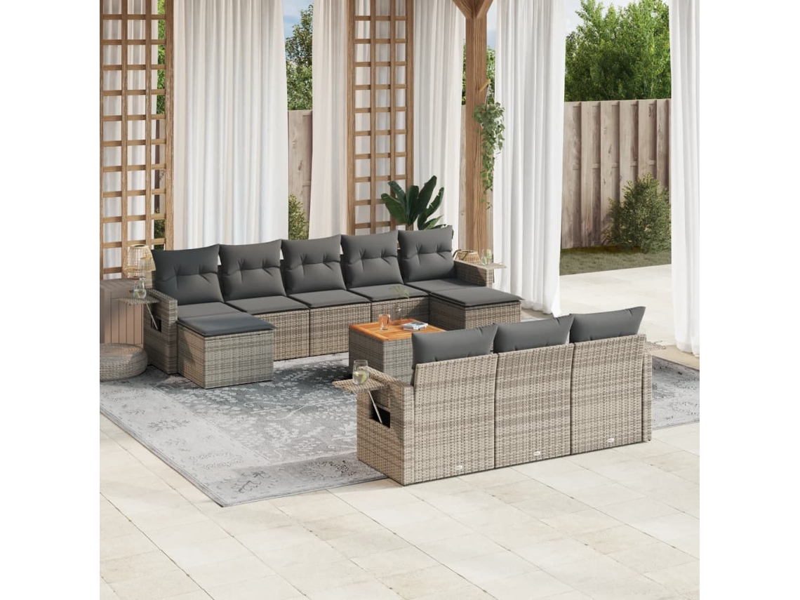 11 Pcs Conjunto Sofás De Jardim C/ Almofadões Vime Pe Cinza Dkd Home Decor