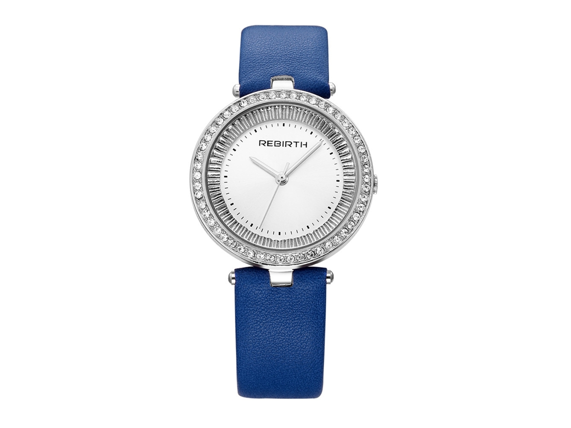 Relógio Casual Feminino Analógico com Cristais Quartzo Pulseira Pu Azul Branco