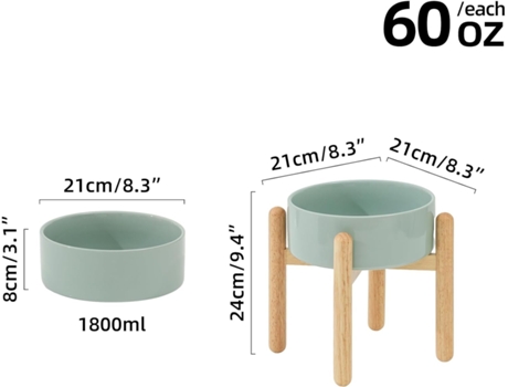 Tigela de cerâmica elevada para cães com suporte para cães de raças médias e grandes, tigela de comida e água Beijiyi (tigela única com suporte verde claro, 21 cm)
