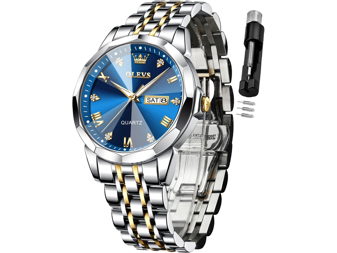 Lurelia Relógio Masculino, Movimento De Quartzo, Analógico, Data/calendário, Luminoso, Detalhes Com Strass, Aço Inoxidável, Azul