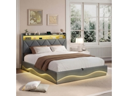 Cama de Casal Estofada 160x200 Cinza em Veludo, com Armazenamento, Led, Usb, Estrado e Cabeceira. para Adultos e Adolescentes, Sem Colchão BURSDANY