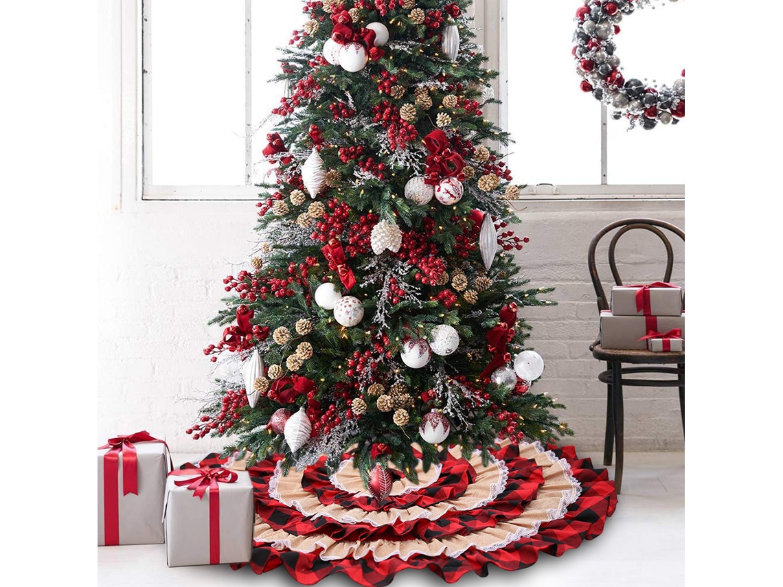 Caminho De Árvore De Natal Estilo Campestre Com Babados, 116 Cm (45,7 Polegadas), 6 Camadas, Vermelho E