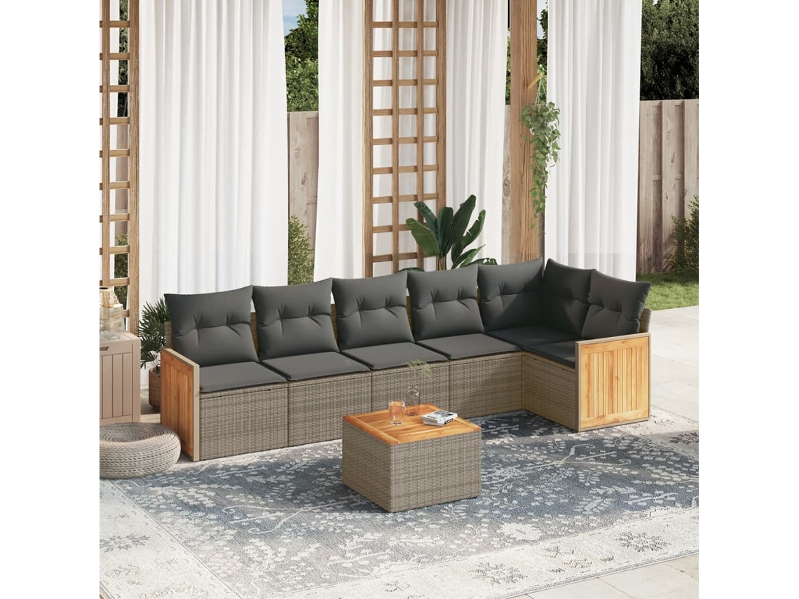 Vidaxl 7 Pcs Conjunto Sofás P/ Jardim C/ Almofadões Vime Pe Cinzento