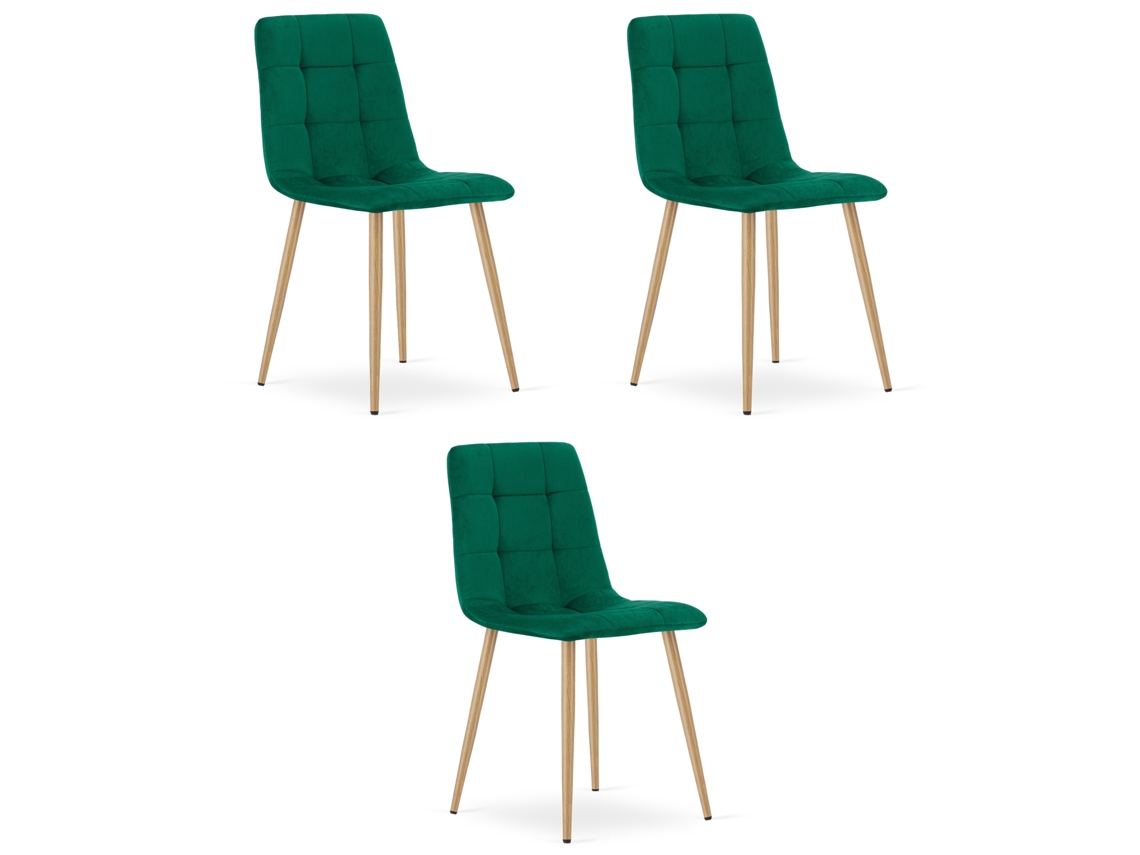 Cadeira De Jantar Conjunto De 3 Peças Pyra Assento Verde Escuro, Pés Na Cor Madeira, Assento De Veludo, Assento Ergonômico