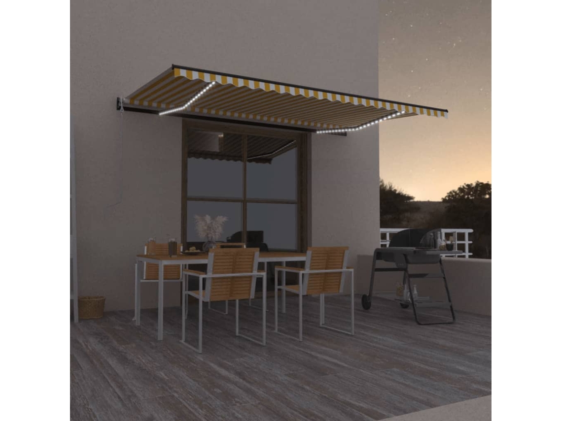 Vidaxl Toldo Autom. Led E Sensor De Vento 500x300 Cm Amarelo/branco