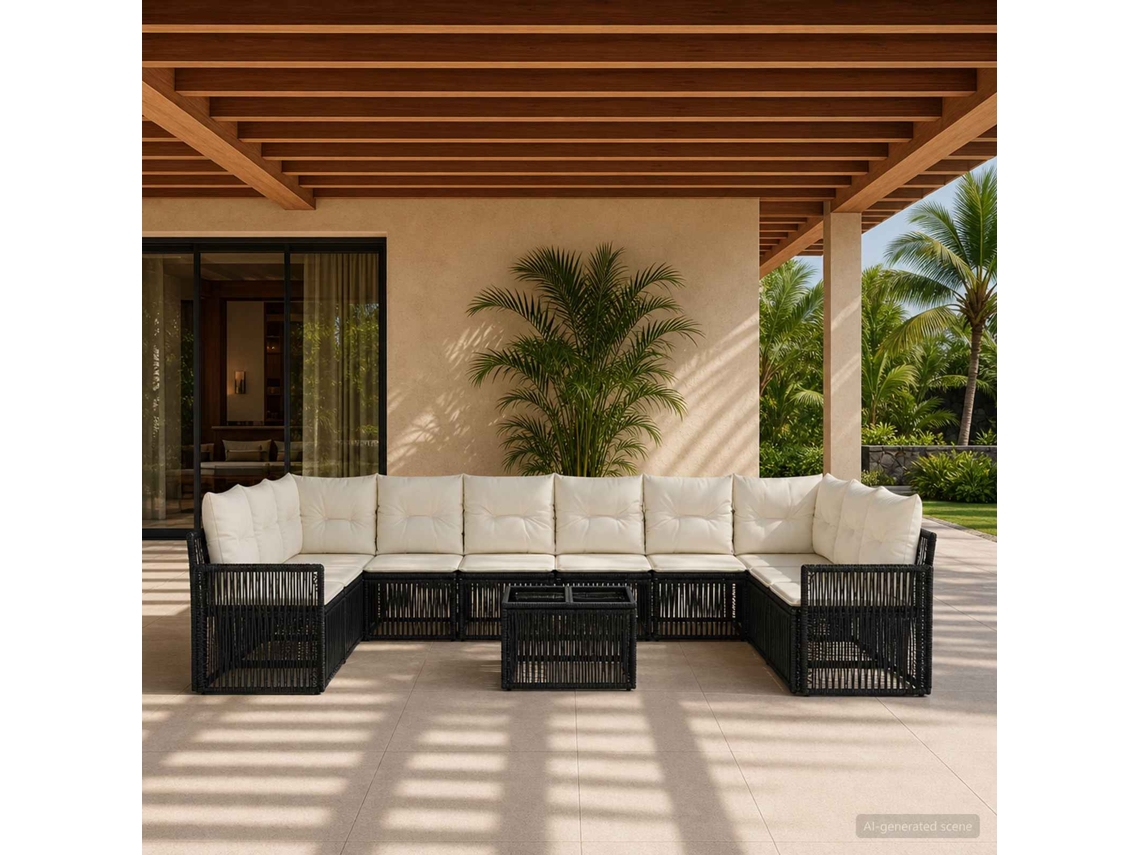 Vidaxl Conjunto De Sofá De Jardim 11 Unid. Preto E Branco Creme