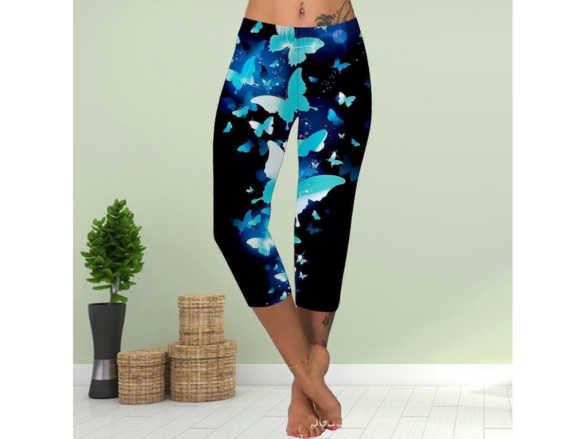 Leggings Cortos Verano Plus Size Com Estampado De Lua E Borboleta Para Mulher Slim Fit Azul Claro 5xl