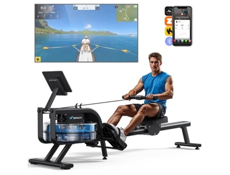 Máquina de remo Merach Apartment com monitor Bluetooth, suporte ajustável para tablet, dobrável, preta, com aplicativo conectado