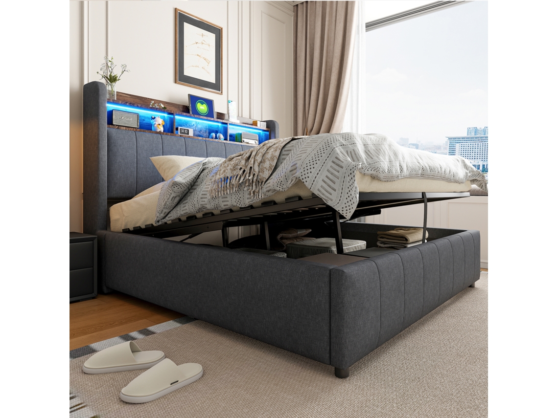 Cama Estofada Cinza 140x200 Led Usb Cabeceira Arrumação