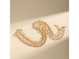 Colar em Camadas com Fivela Toggle Pérolas Redondas Cadeia Dourado para Mulheres