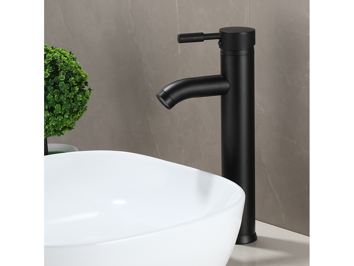 Torneira de banheiro estilo minimalista preto, água quente e fria, aço inox MDUG