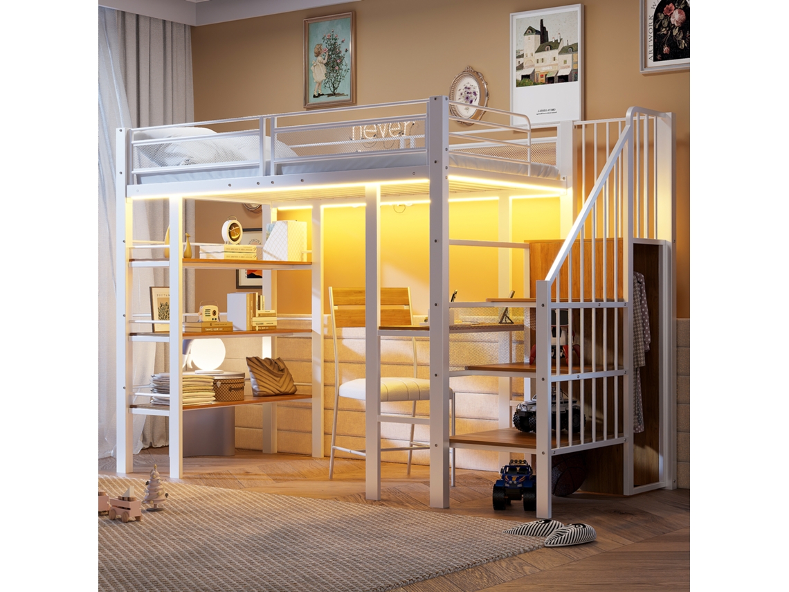 Cama Solteiro 90x200cm Branco Com Led Tomada Gaveta Estante