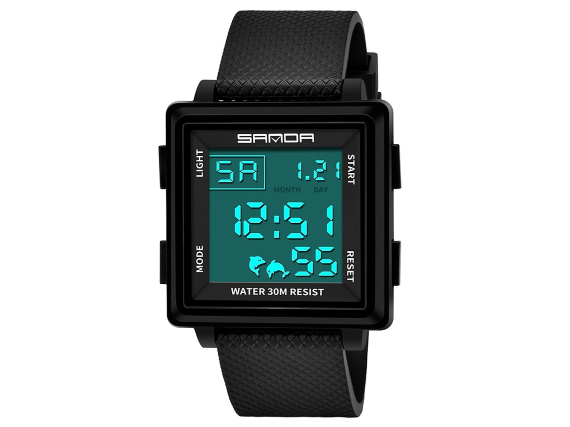 Pulseira de relógio eletrônico digital multifuncional simples e elegante Sanda, nas cores preto e branco.