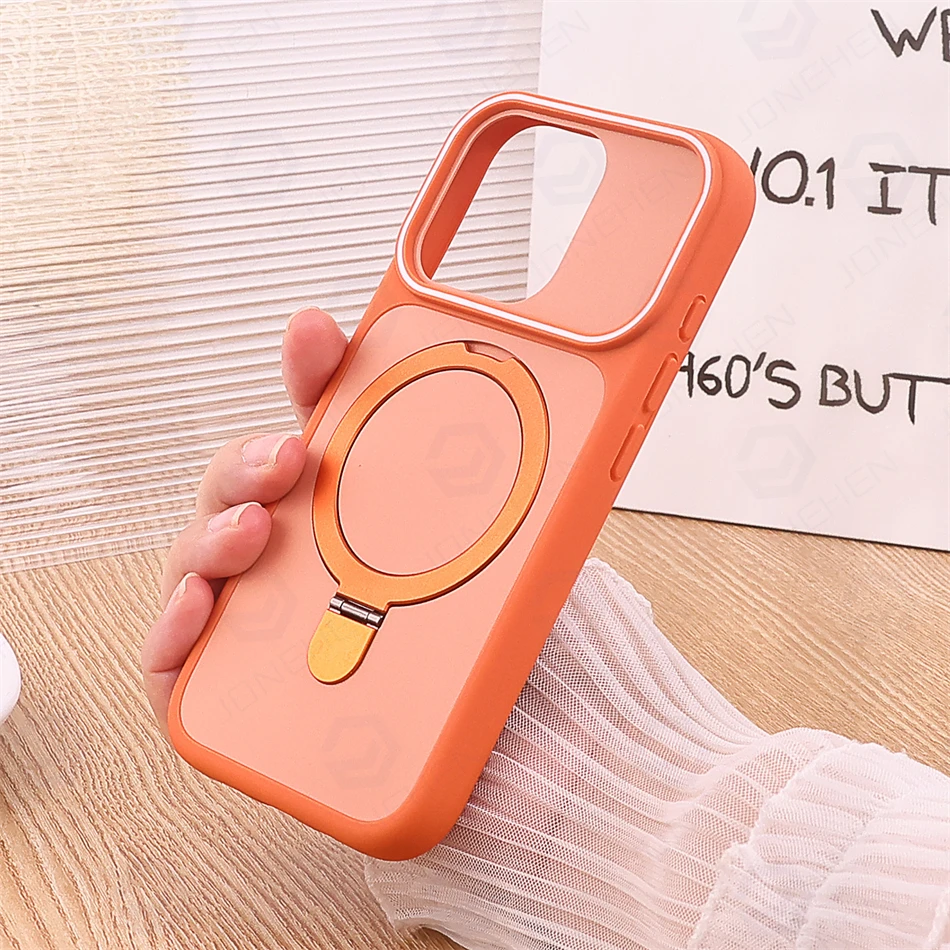 Capa Para Celular (iphone 17 Air Laranja) Com Moldura Magnética Macia, Suporte De Anel De Metal, Cor Sólida.