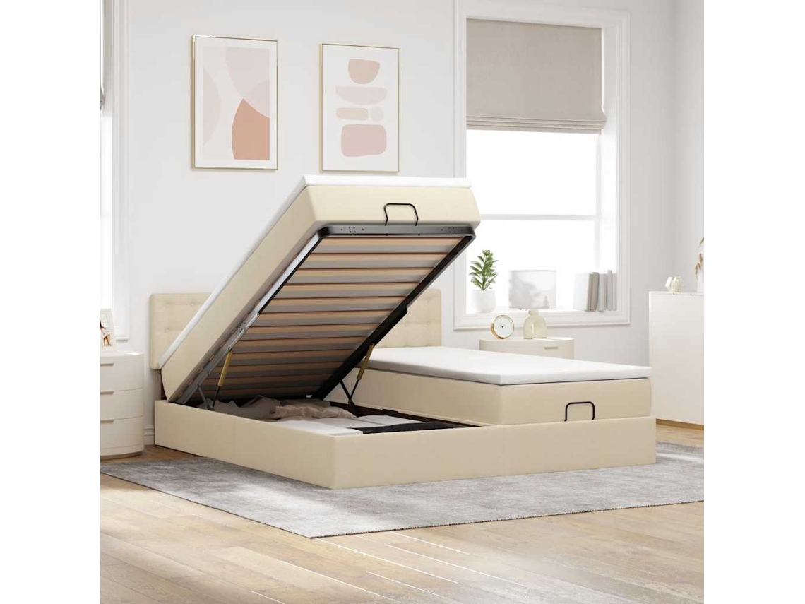 Vidaxl Estrutura De Cama Otomana Com Colchões Tecido Creme 160x200cm