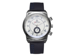 Relógio masculino de quartzo com pulseira de couro PU e mostrador duplo azul moderno.