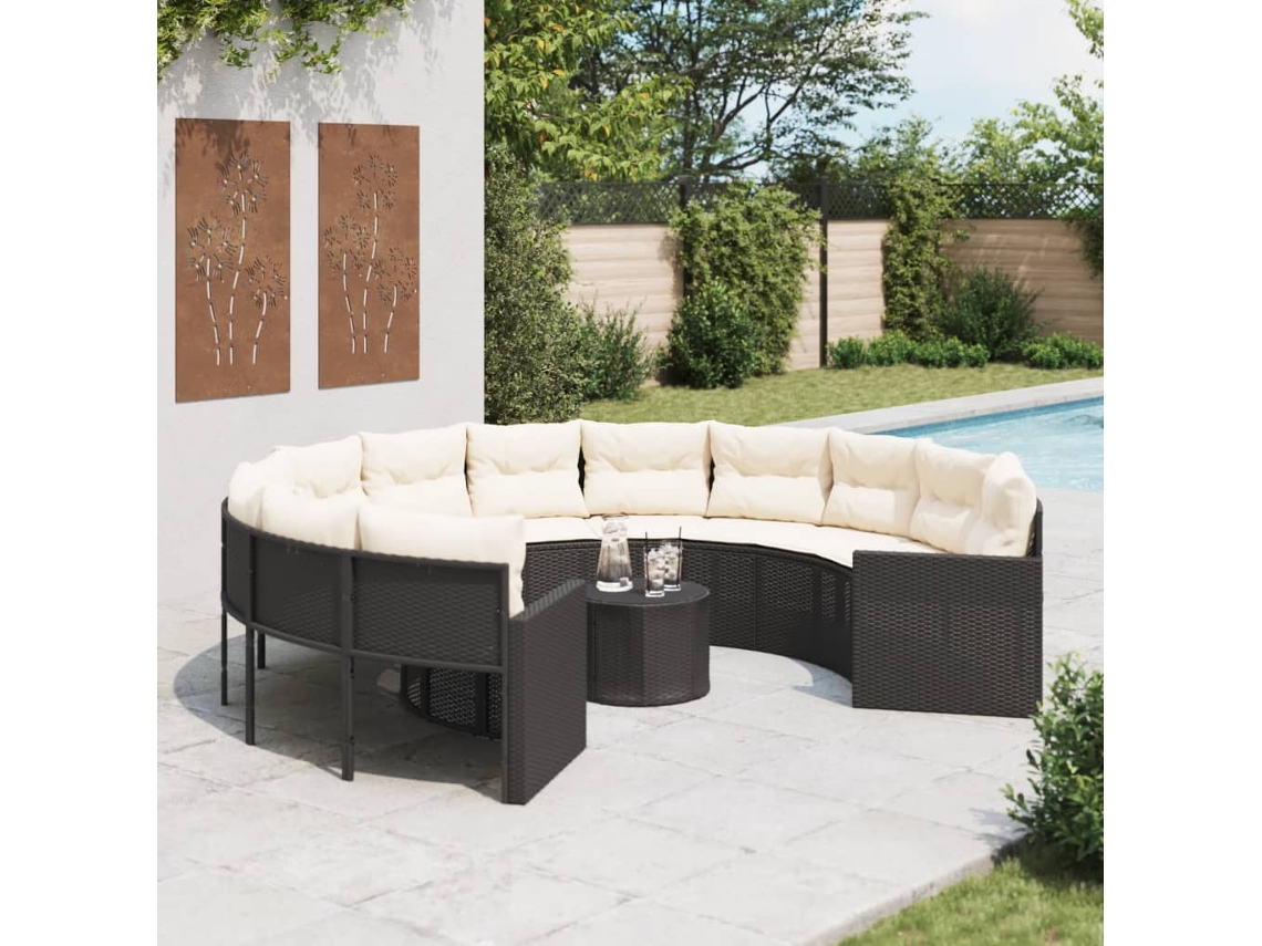 Vidaxl Sofá De Jardim Com Mesa E Almofadões Redondo Vime Pe Preto