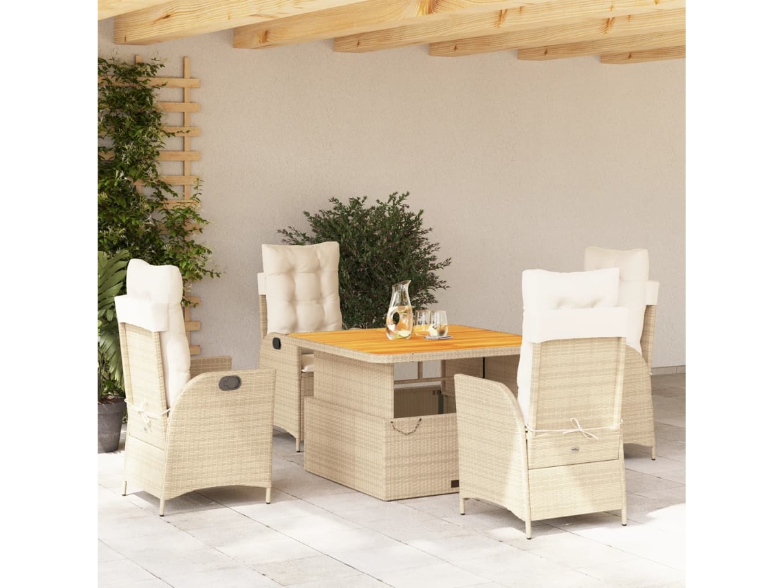 Vidaxl 5 Pcs Conjunto De Jantar P/ Jardim Com Almofadões Vime Pe Bege