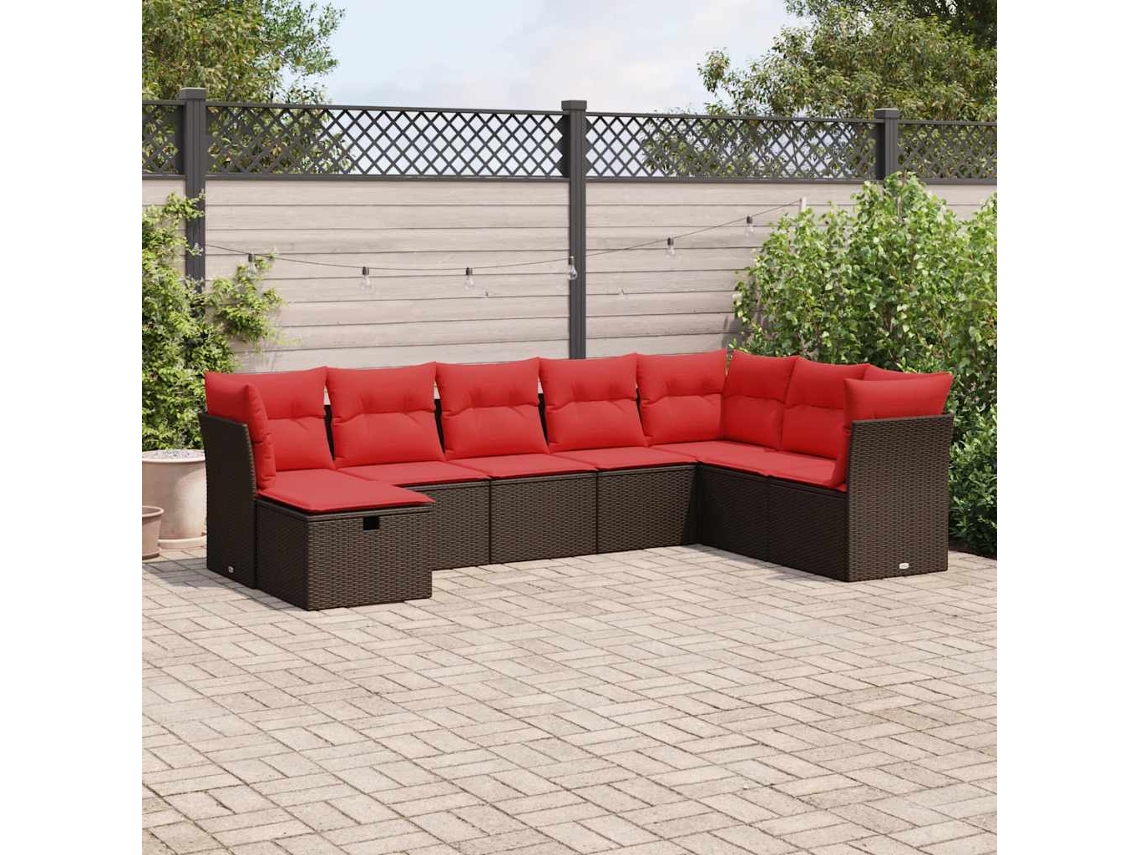 Vidaxl 8 Pcs Conjunto Sofás De Jardim C/ Almofadões Vime Pe Castanho