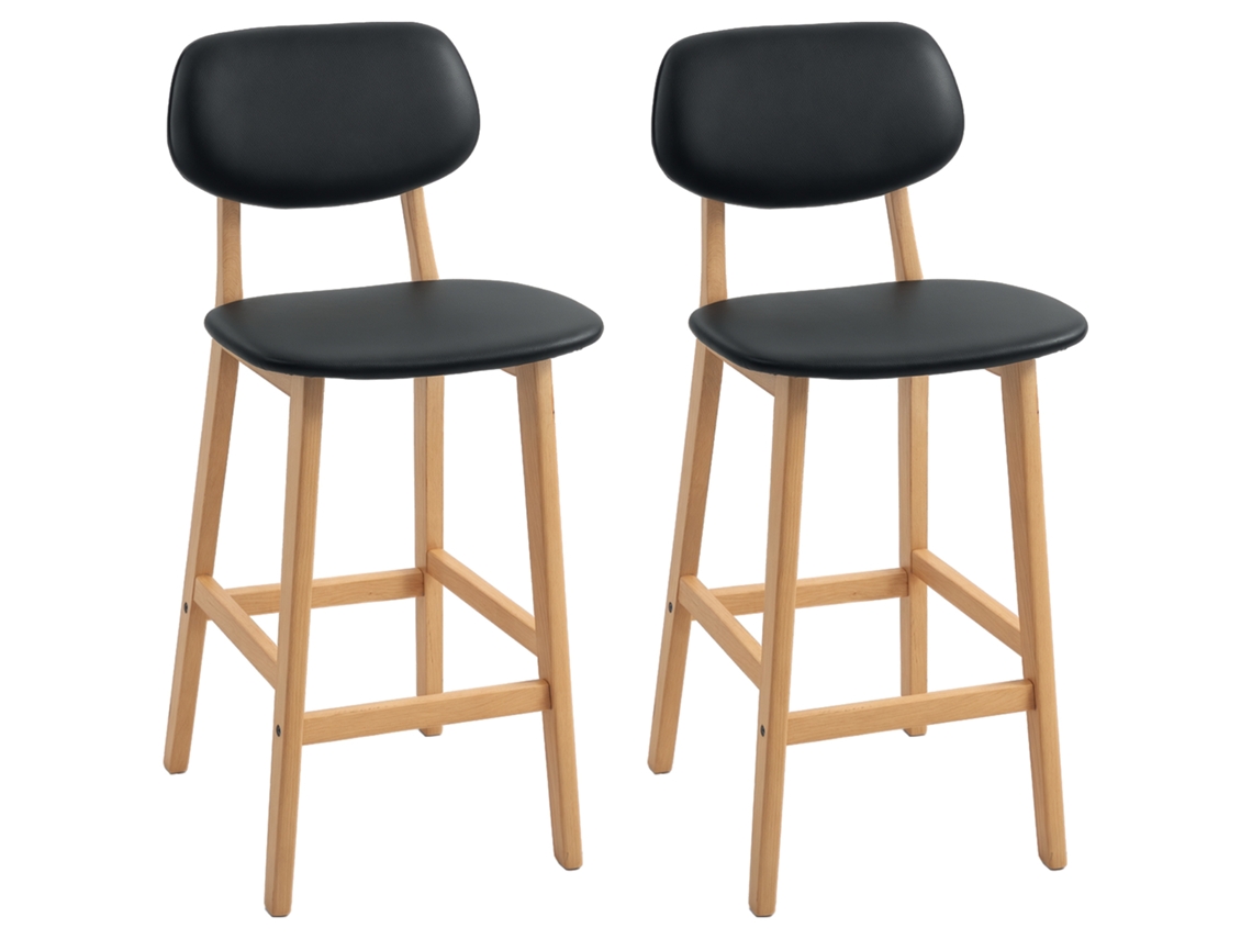 Conjunto de 2 Banquetas Altas, Estofadas em Material Sintético com Encosto e Pés de Madeira, Pretas. PONTOCASA