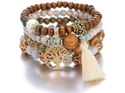 Pulseira Boho com Contas de Madeira, Pulseira Elástica com Tassel e Árvore da Vida, Souvenir Feminino