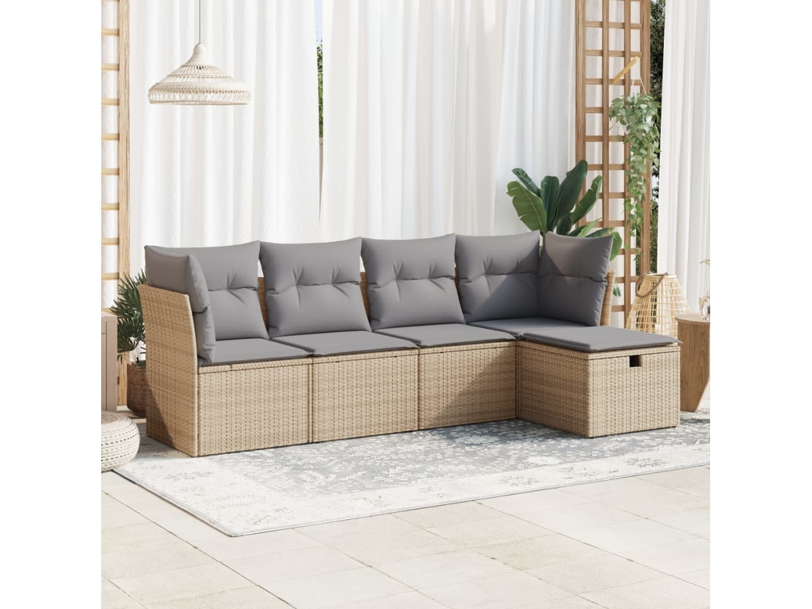 Vidaxl 5 Pcs Conjunto De Sofás P/ Jardim Com Almofadões Vime Pe Bege