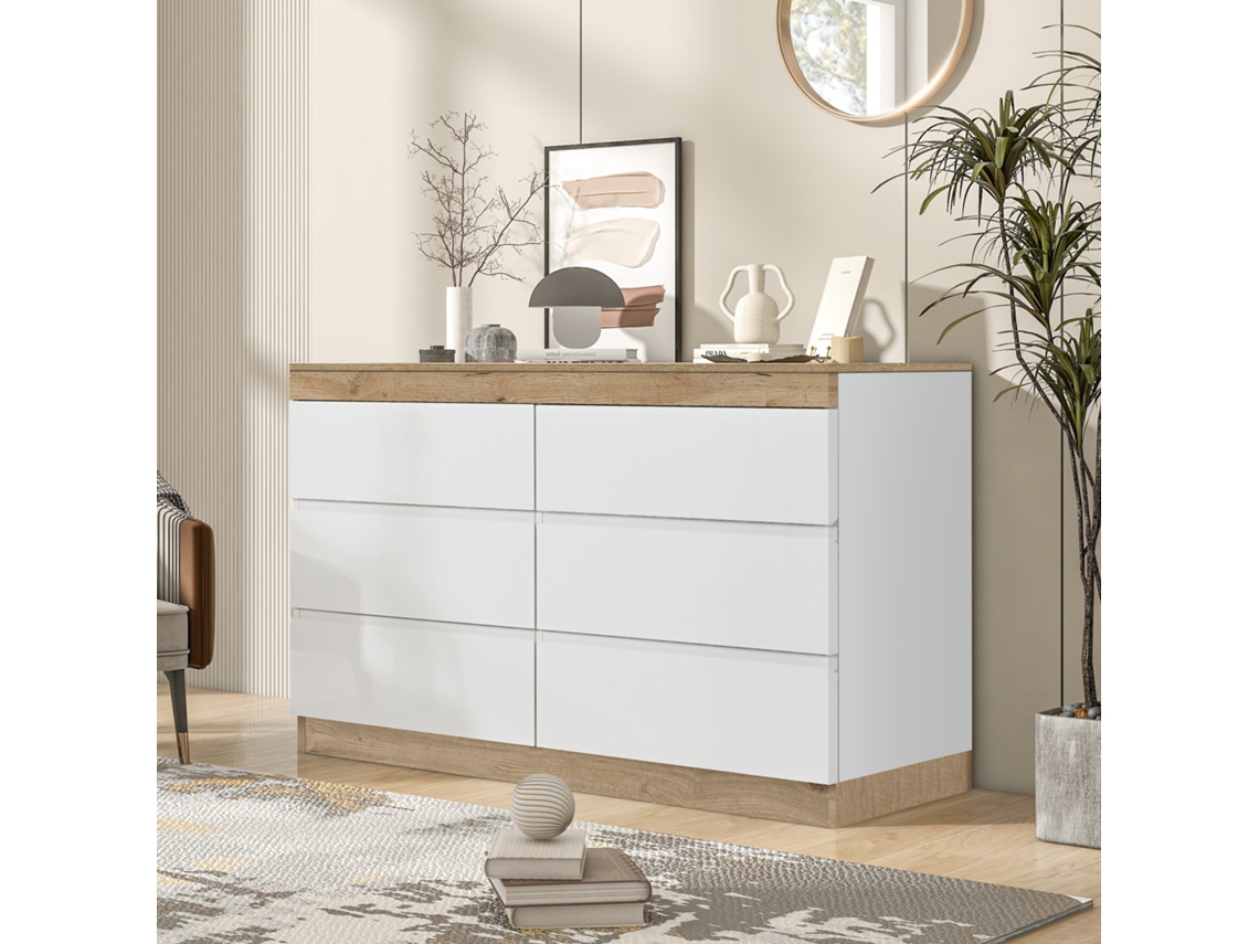 Cômoda Com 6 Gavetas E Fechadura, Aglomerado E1, Branco Com Carvalho, Para Quarto E Sala.