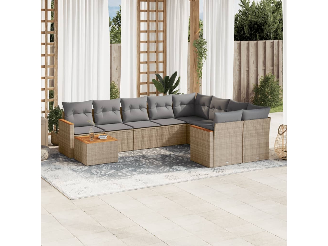 Vidaxl 10 Pcs Conjunto De Sofás P/ Jardim Com Almofadões Vime Pe Bege