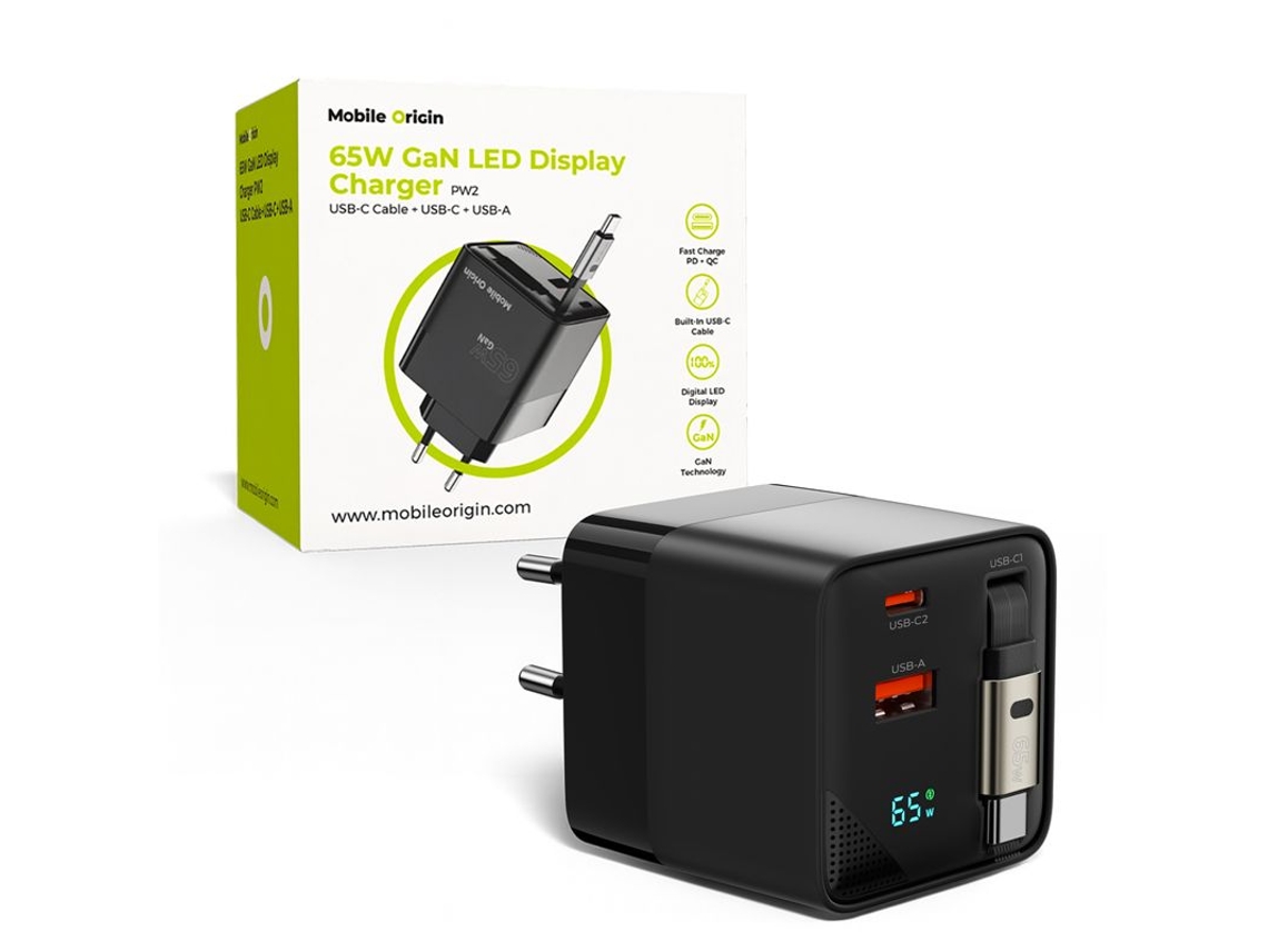 Carregador Gan 65 W para Usb c e Usb a, com Cabo Autoenrolável | MOBILE ORIGIN