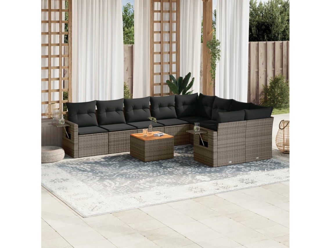 Vidaxl 10 Pcs Conjunto Sofás De Jardim C/ Almofadões Vime Pe Cinzento