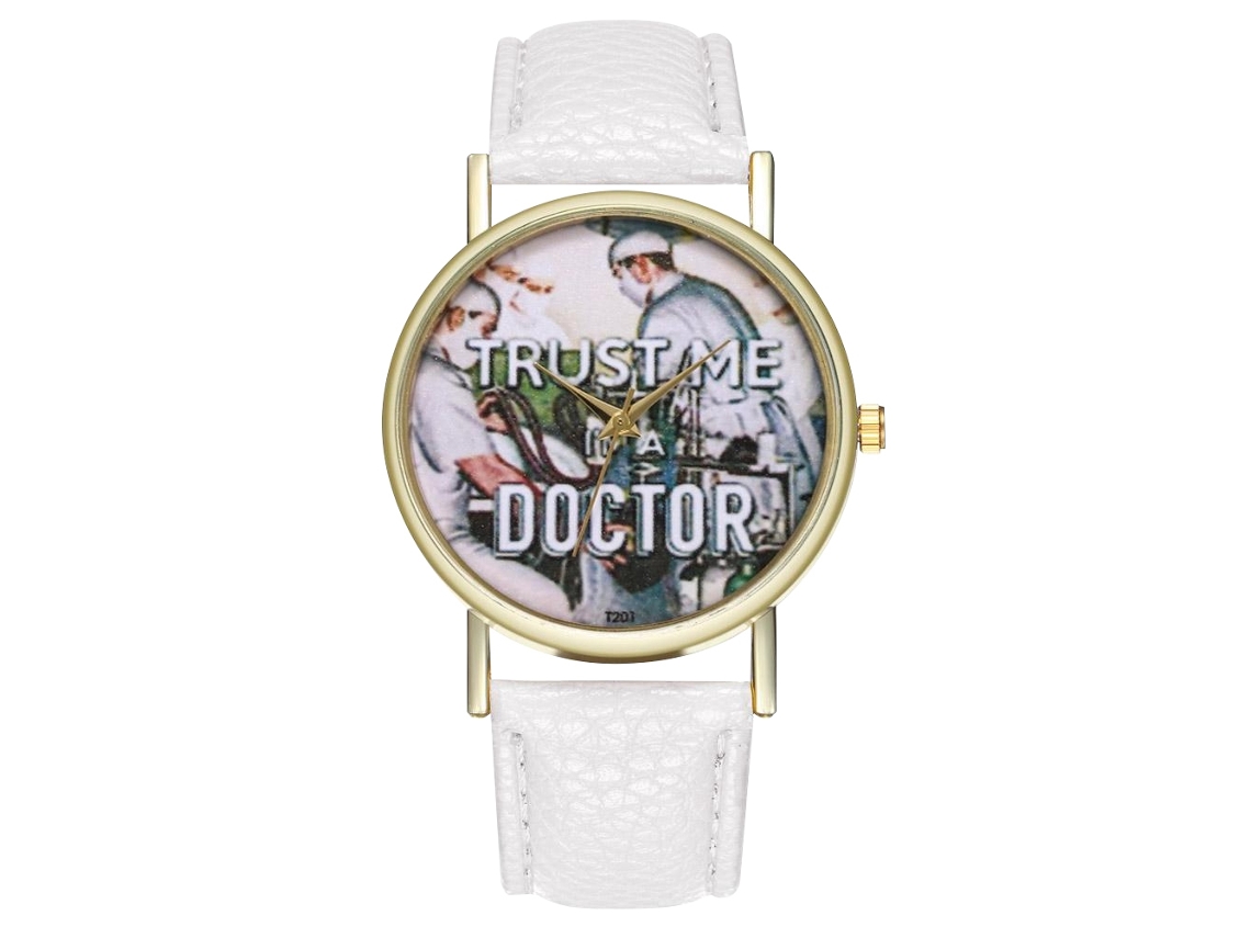 Relógio de Pulso Unissex com Padrão Médico de Couro Pu Dial Redondo Quartzo Branco