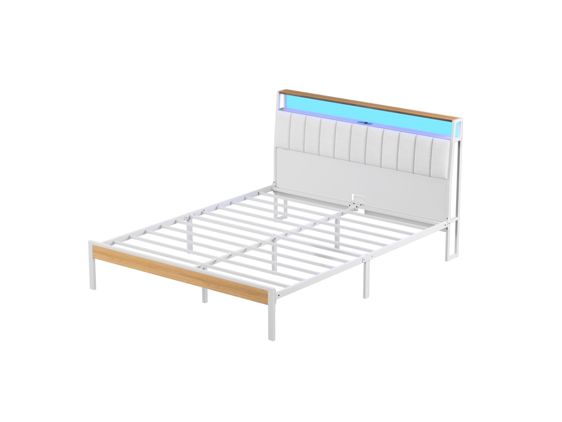 Estrutura De Cama, 140 X 190 Com Base Em Metal, Cama Para 2 Pessoas, Com Luzes Led E Tomadas Múltiplas (1 Tomada Ca, 2 Portas Usb), Cama De Casal Em