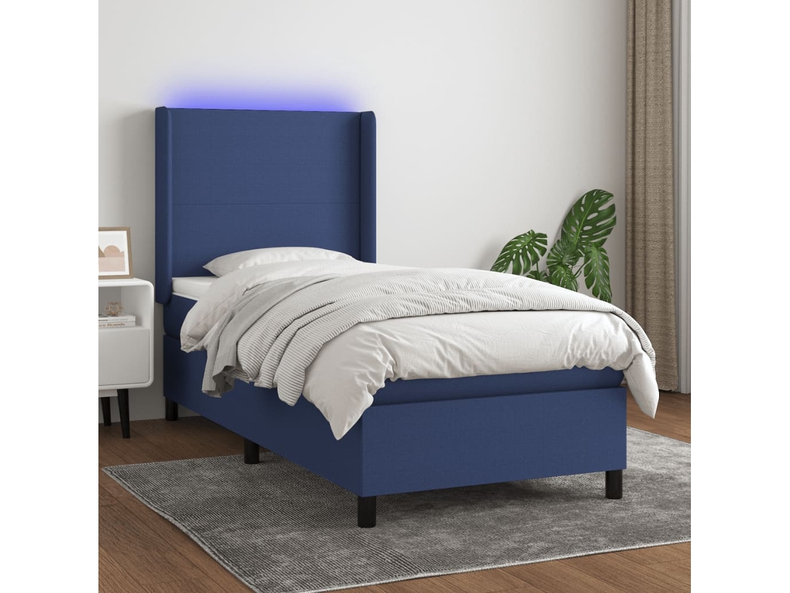 Vidaxl Cama Box Spring C/ Colchão E Led 90x190 Cm Tecido Azul