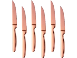 Facas de bife em aço inoxidável 18/0, conjunto de 6 peças, design elegante em ouro rosa, afiadas, 22 cm, para jantares sofisticados e presentes.