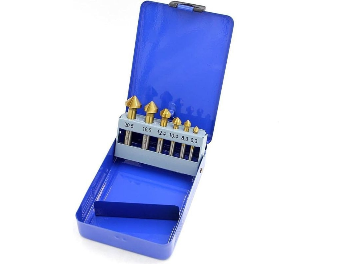 Conjunto de Brocas Escareadoras HSS, 90 Graus, 3 Lâminas, para Metal, Madeira e Plástico, com Estojo de Ferro Azul