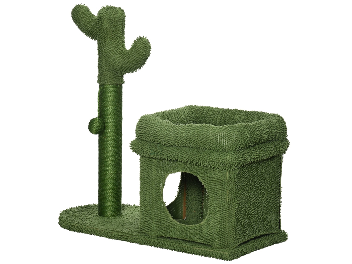 Árvore Arranhador Desenho De Cacto Com Cama Casa De Pelúcia Poste De Sisal E Bola Suspensa 68x30x67cm Verde