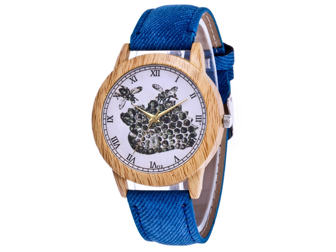 Relógio de casal vintage com estampa de abelha, aço, quartzo, lona azul Zhoulianfa