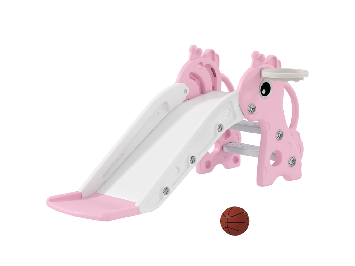 Escorregador 3 em 1 Infantil, em Formato de Girafa, com Cesta de Basquete e Bola, na Cor Rosa. ZENCORE SERVICES
