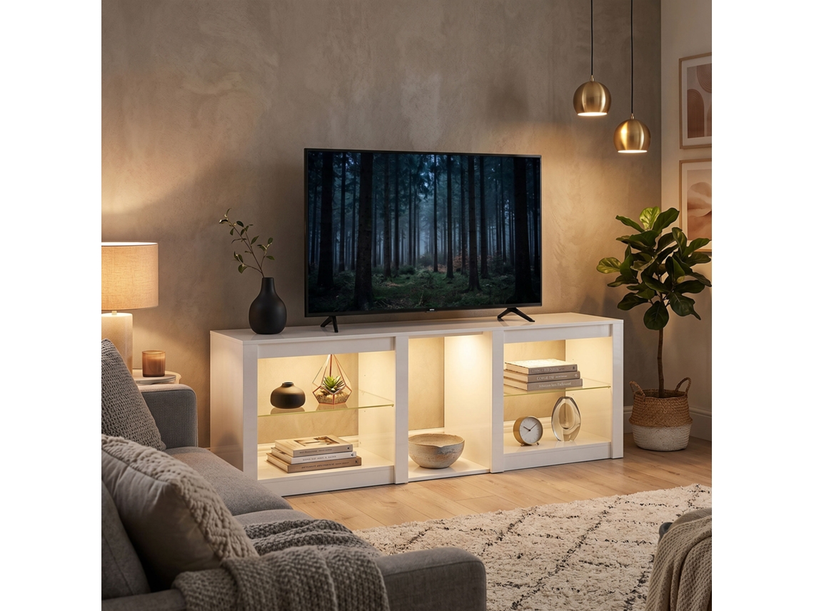 Móvel Baixo Para Tv Com Iluminação Led Rgb, Móvel Moderno Para Tv Com Prateleiras De Vidro Ajustáveis, Para Tvs De Até 75 Polegadas, Branco.
