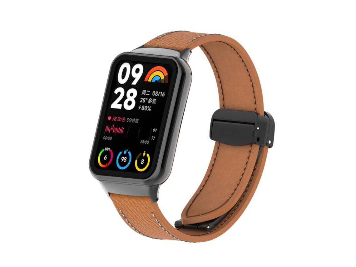 Bracelete para Redmi Watch 6 / 5 / Xiaomi Band 9 Pro Couro com Fivela Magnética Preta e Textura de Lichia Marrom XIAOMOYU