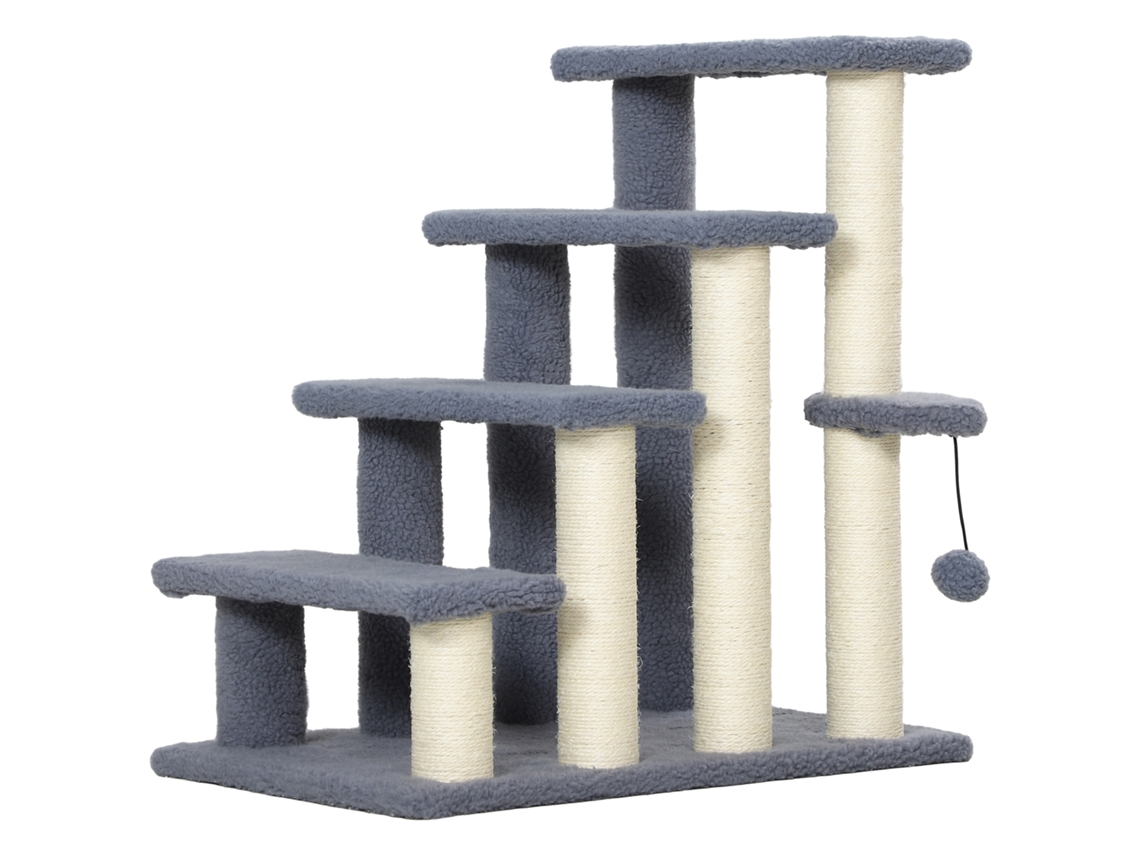 Arranhador De 4 Níveis Escada De Estimação Revestida Com Franela Suave Poste De Sisal Bola Suspensa 60x40x64 Cm Cinzento
