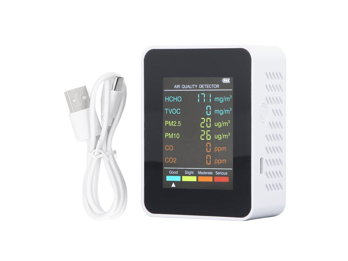 Monitor Portátil De Calidad Do Ar Co2 Tvoc Hcho Pm2.5 Pm10 Com Alarme Lcd Branco