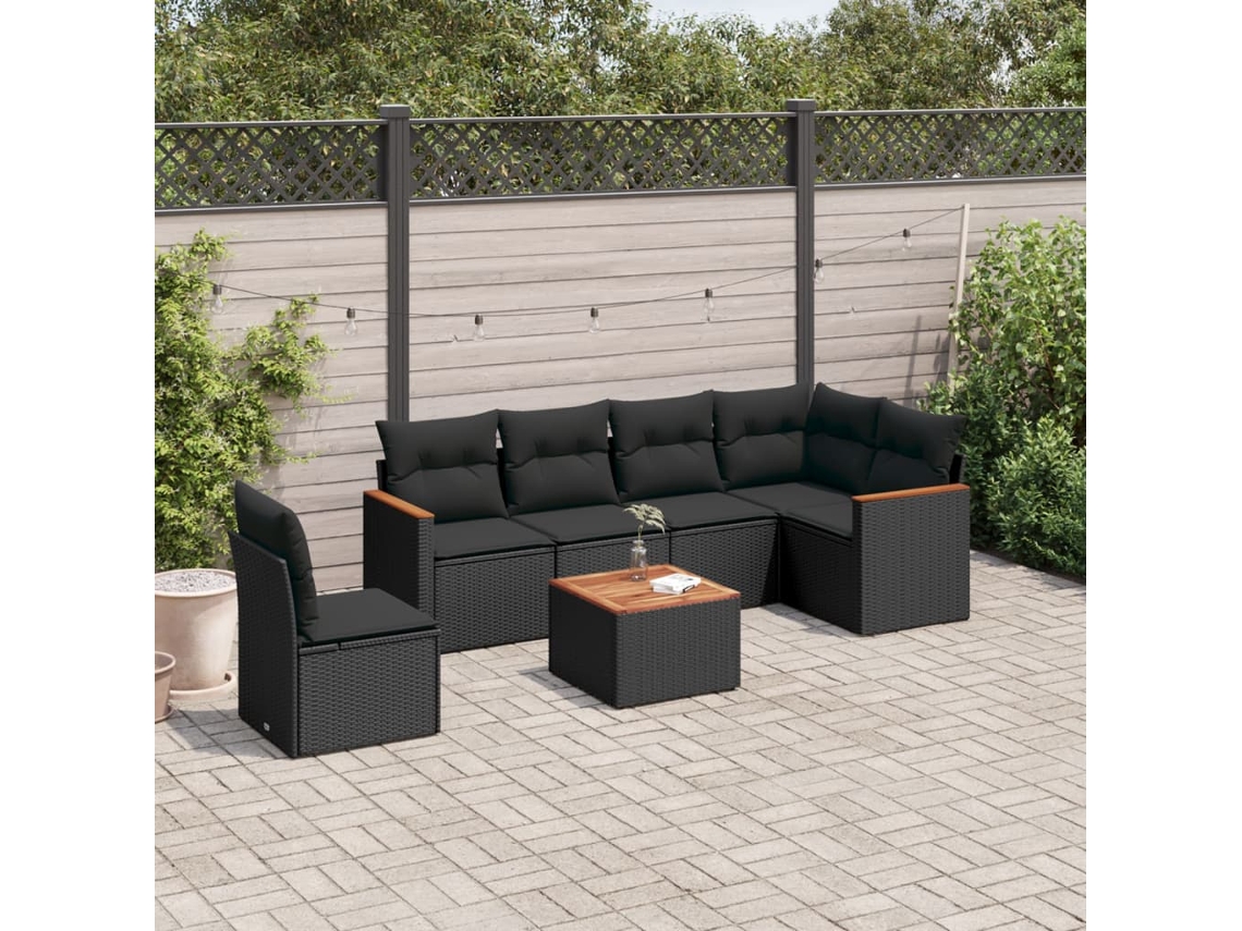 7 Pcs Conjunto De Sofás P/ Jardim C/ Almofadões Vime Pe Preto Dkd Home Decor