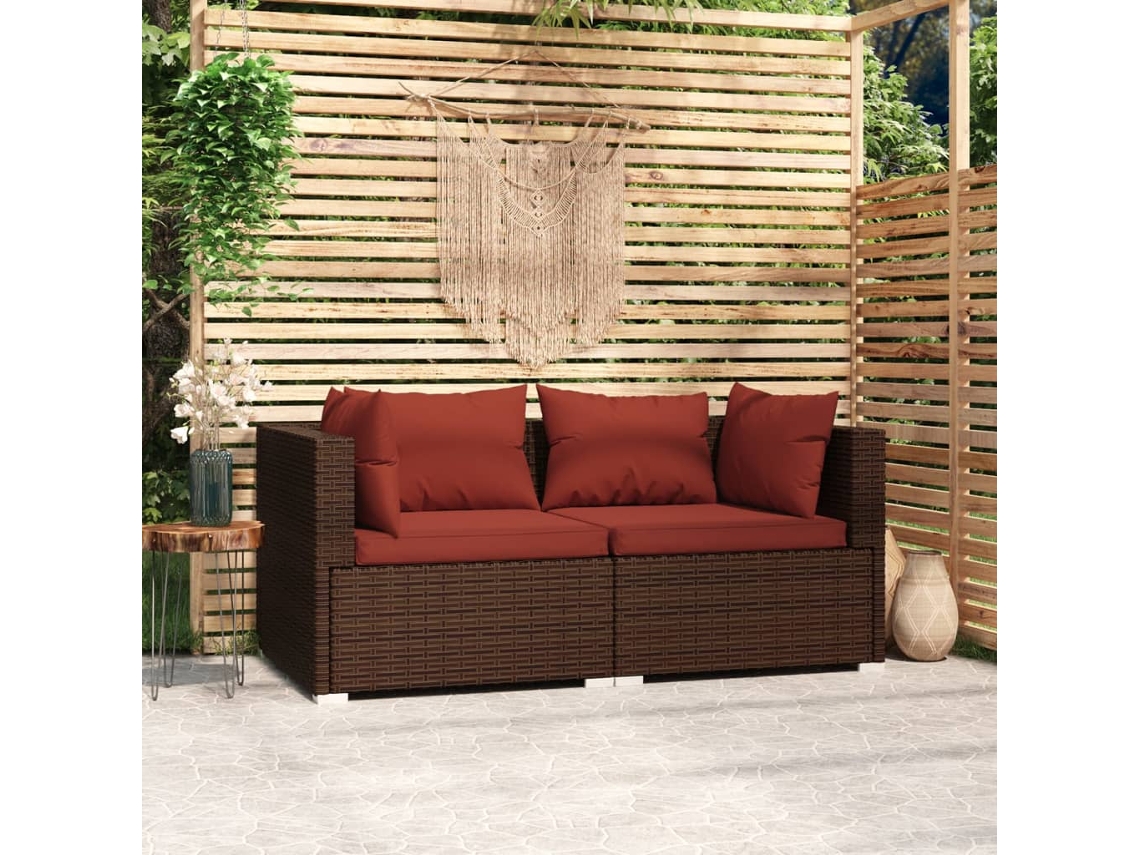 Vidaxl Sofá De Jardim 2 Lugares Com Almofadões Vime Pe Castanho