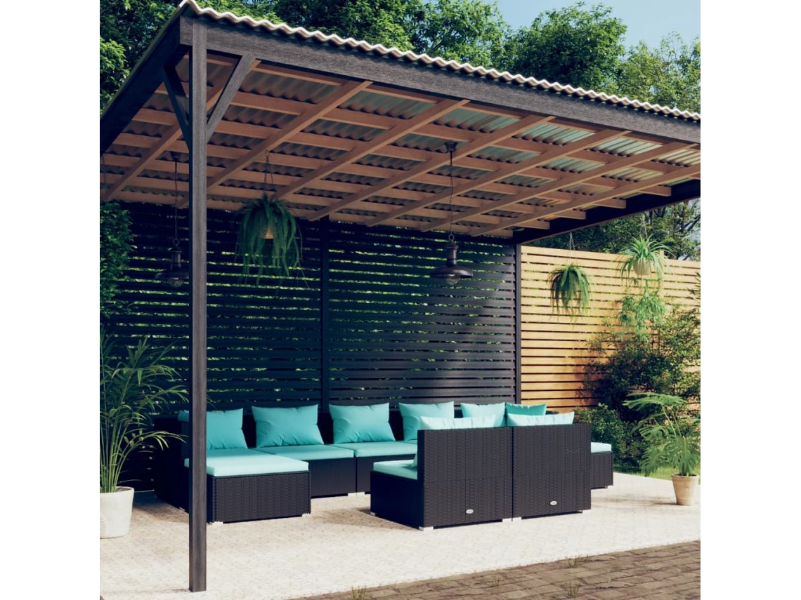 Vidaxl 9 Pcs Conjunto Lounge De Jardim C/ Almofadões Vime Pe Preto