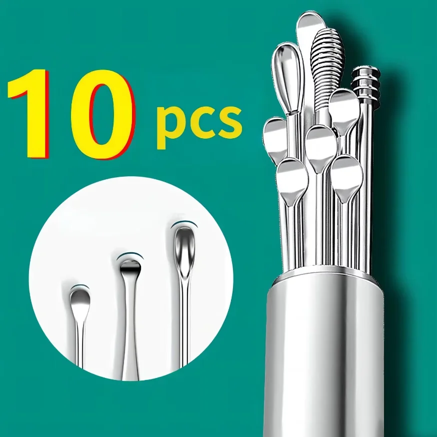Kit De Limpeza De Ouvidos (10 Unidades, Cor Prata) Em Aço Inoxidável Com Estojo Para Remoção De Cera.