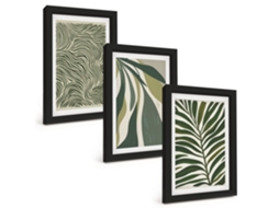 Composição De Quadros Folhas Com Linhas Onduladas Em Verde Espelharte (3 Peças 20x30 Cm)