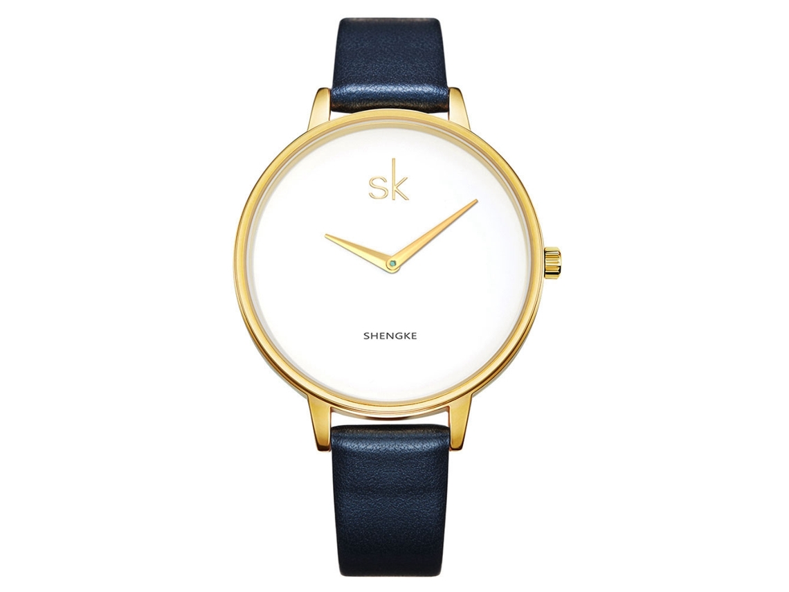 Relógio de Pulso Feminino Shengke Quartzo Pulseira Pu Ouro+azul Escuro